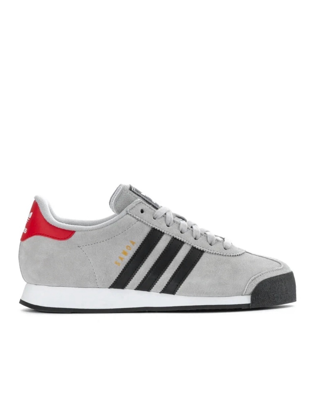 adidas Grey Suede Sneakers with Black Stripes and Red Heel Tab